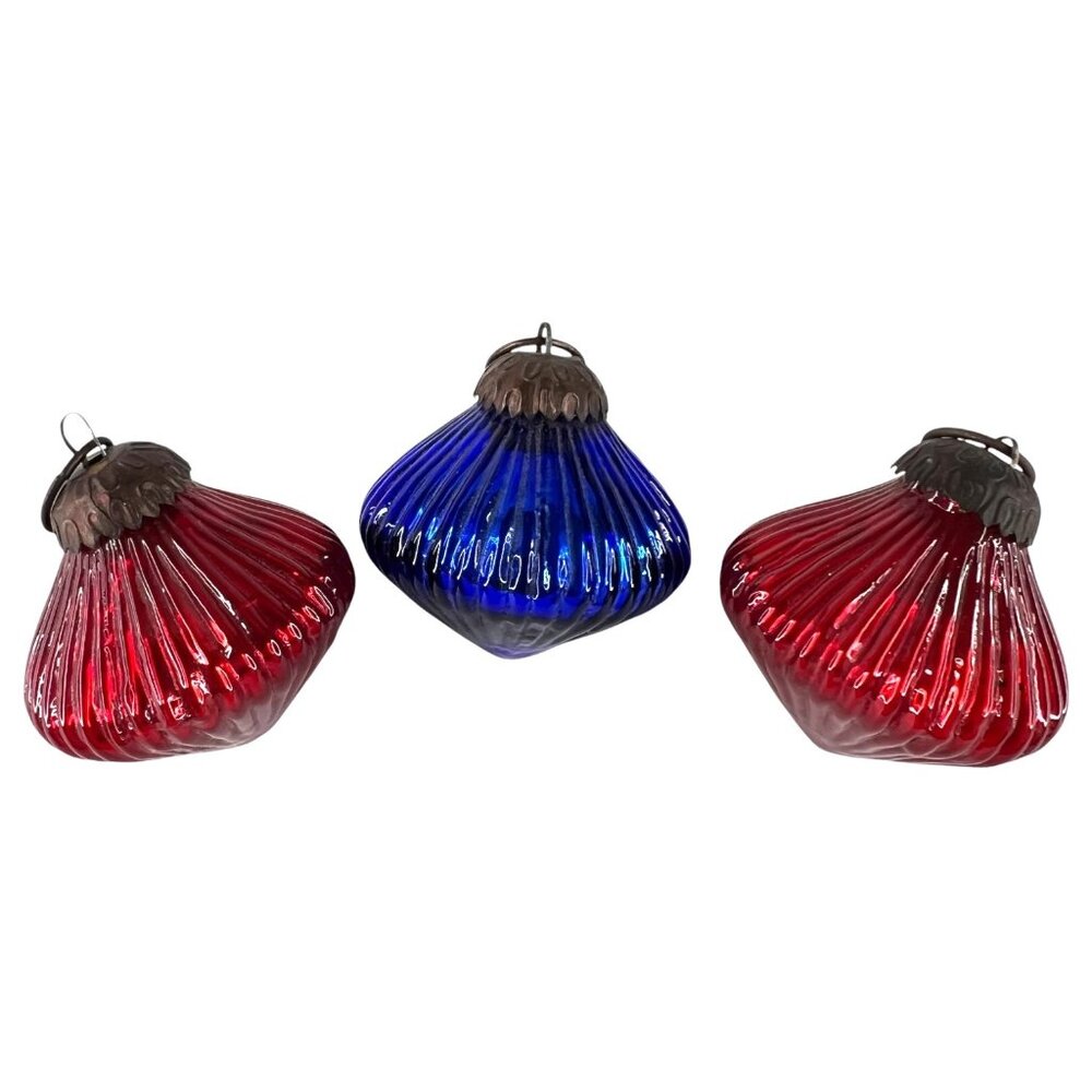 3 Modern Kugel Style Glass Christmas Tree Ornaments Ribbed‎ Red Blue Metal Caps